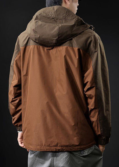 Coat Loose Men Hooded Zippered Pockets Brown Cotton Patchwork FashionChic