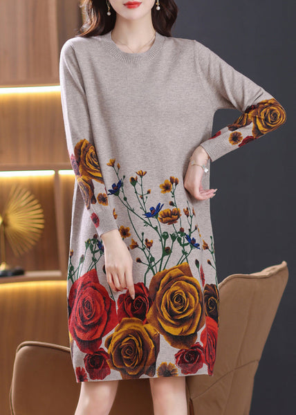 Camel Side Open Cozy Wool Knit Dress O-Neck Spring TB009