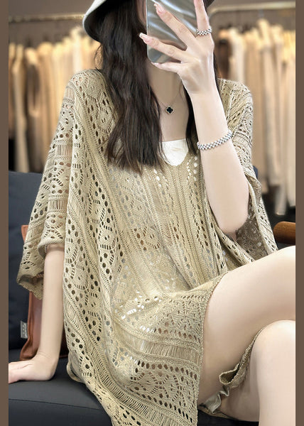 Neck Summer Camel Shirts Out V T Knit Hollow Side Open FashionChic