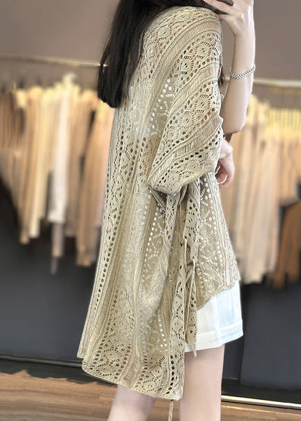 Neck Summer Camel Shirts Out V T Knit Hollow Side Open FashionChic