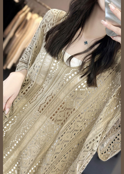 Neck Summer Camel Shirts Out V T Knit Hollow Side Open FashionChic