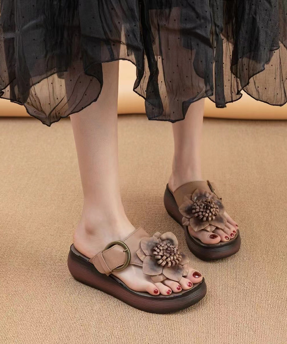 Cameo Brown Floral Handmade Cowhide Leather Wedge Thong Sandals OI071 shoe-JB240801