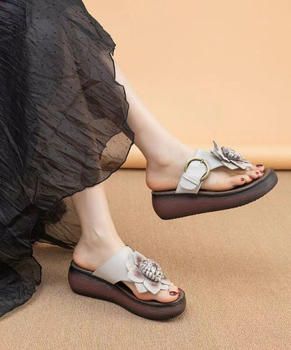 Cameo Brown Floral Handmade Cowhide Leather Wedge Thong Sandals OI071 shoe-JB240801