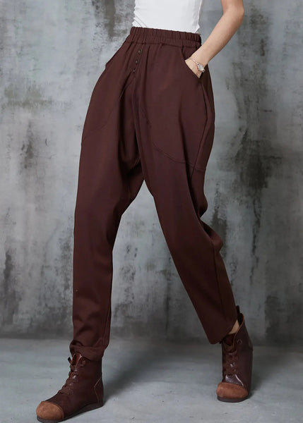 Caramel Cotton Harem Pants High Waist Button Spring Ada Fashion