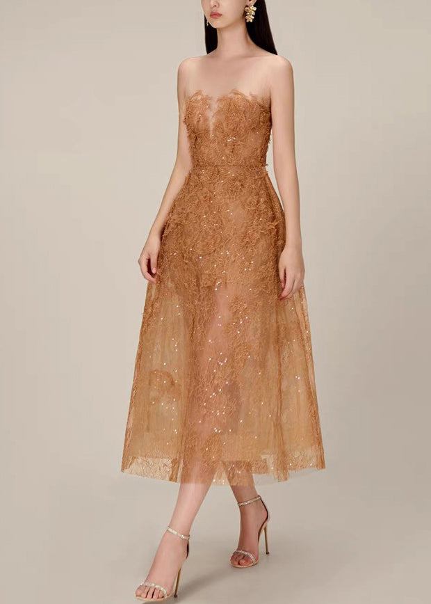 Caramel Lace Sequins Tulle Long Dress Strapless Summer KK017 SH-LF-SDL240602