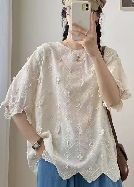 Casual Jacquard Top Apricot Summer Oversized Cotton FashionChic