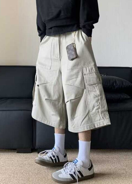 Waist Crop Pants Casual Apricot High Pockets Summer Men Cotton FashionChic