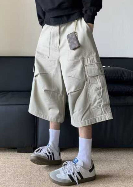 Waist Crop Pants Casual Apricot High Pockets Summer Men Cotton FashionChic