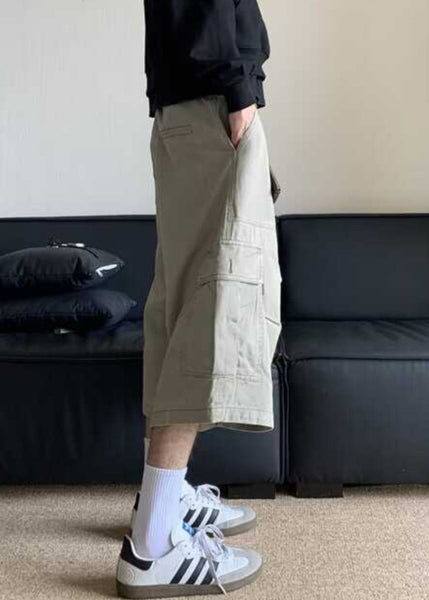 Waist Crop Pants Casual Apricot High Pockets Summer Men Cotton FashionChic