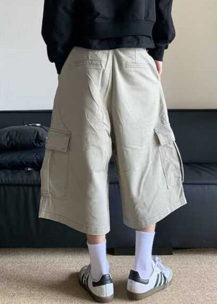 Waist Crop Pants Casual Apricot High Pockets Summer Men Cotton FashionChic