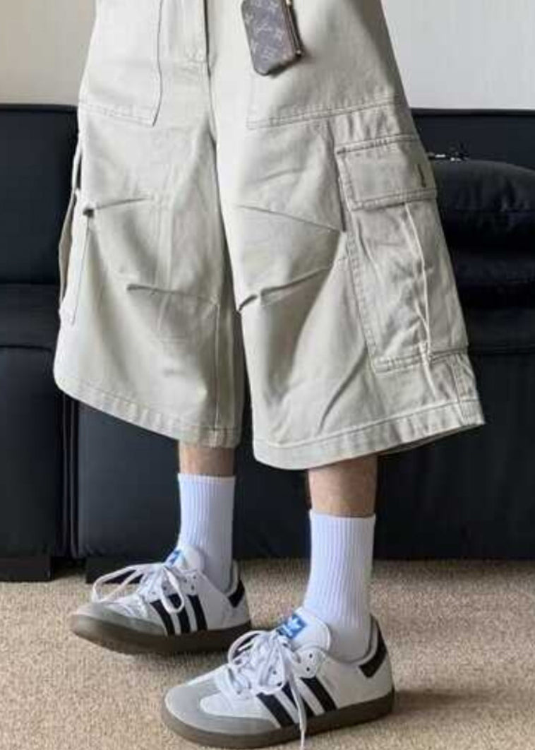 Waist Crop Pants Casual Apricot High Pockets Summer Men Cotton FashionChic