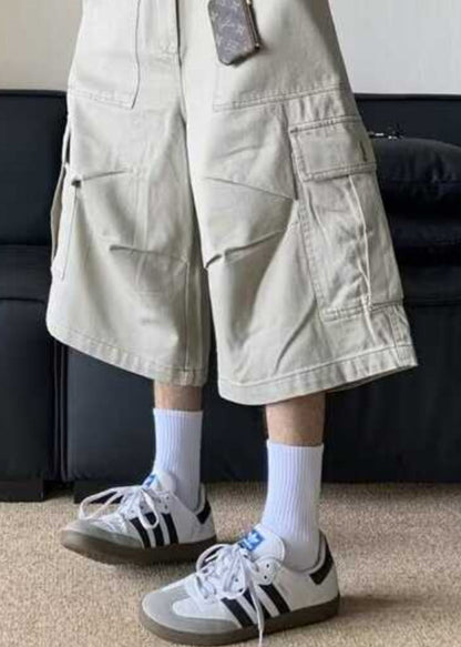Waist Crop Pants Casual Apricot High Pockets Summer Men Cotton FashionChic