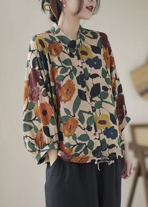 Casual Apricot Stand Collar Print Cotton Shirts Long Sleeve AP052 GK-LTP240718