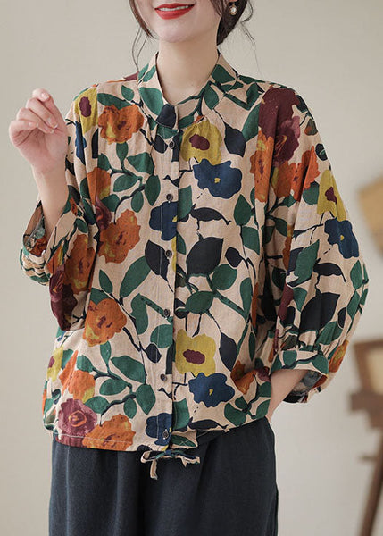 Casual Apricot Stand Collar Print Cotton Shirts Long Sleeve AP052 GK-LTP240718