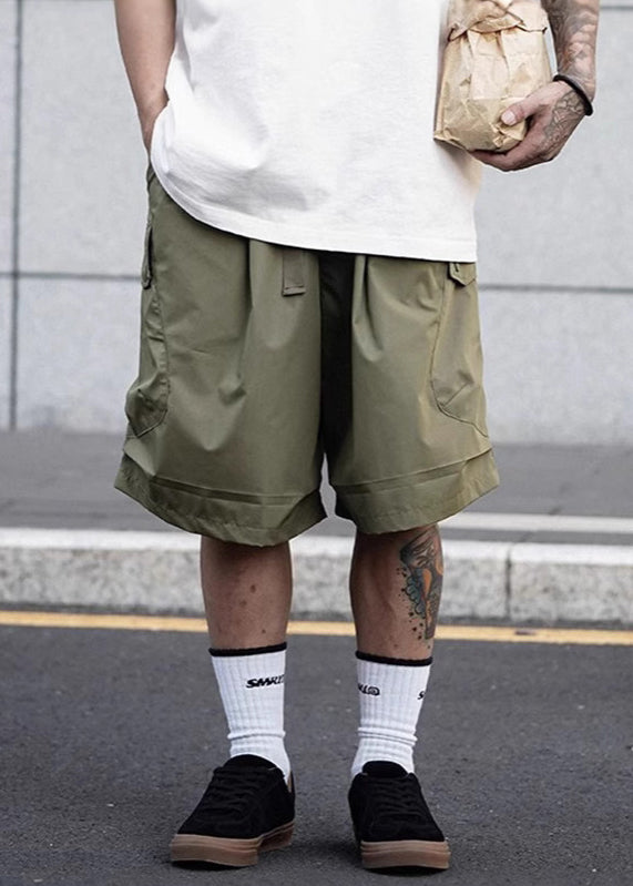 Green Elastic Waist Cotton Men Pockets Shorts Casual Summer Army FashionChic