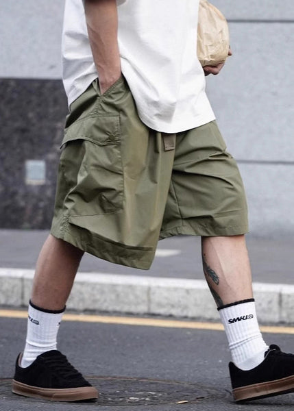 Green Elastic Waist Cotton Men Pockets Shorts Casual Summer Army FashionChic
