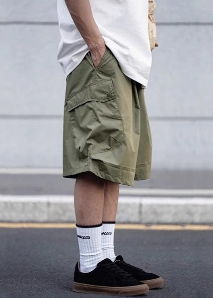 Green Elastic Waist Cotton Men Pockets Shorts Casual Summer Army FashionChic