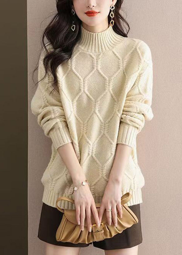 Casual Beige Half Hign Neck Thick Knit Sweater Tops Fall QL052 OM-OL241021