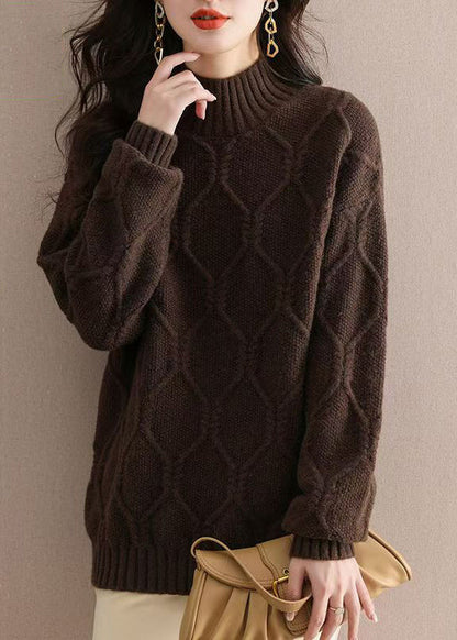 Casual Beige Half Hign Neck Thick Knit Sweater Tops Fall QL052 OM-OL241021