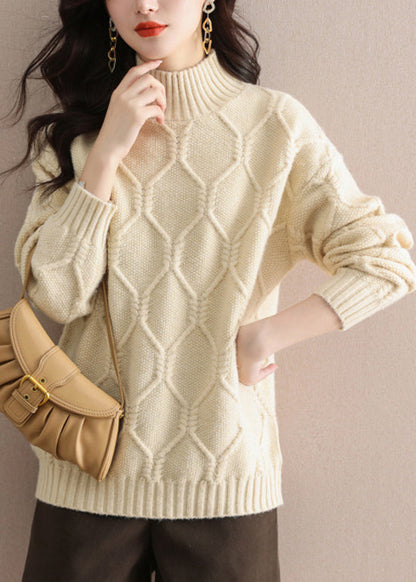 Casual Beige Half Hign Neck Thick Knit Sweater Tops Fall QL052 OM-OL241021