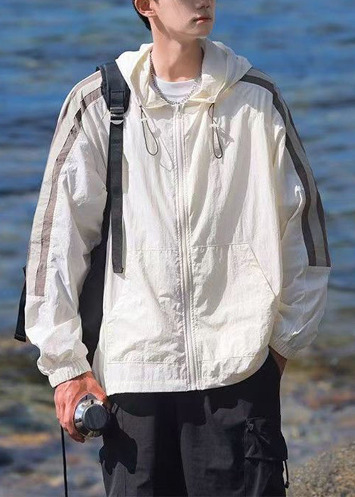 Casual Beige Coat Ice Striped 50+ Patchwork Silk Hooded UPF Mens FashionChic