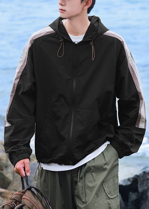 Casual Beige Coat Ice Striped 50+ Patchwork Silk Hooded UPF Mens FashionChic