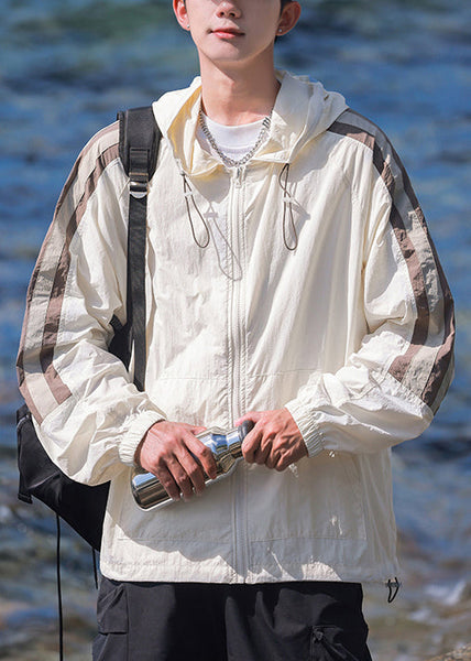 Casual Beige Coat Ice Striped 50+ Patchwork Silk Hooded UPF Mens FashionChic