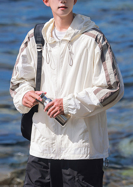 Casual Beige Coat Ice Striped 50+ Patchwork Silk Hooded UPF Mens FashionChic