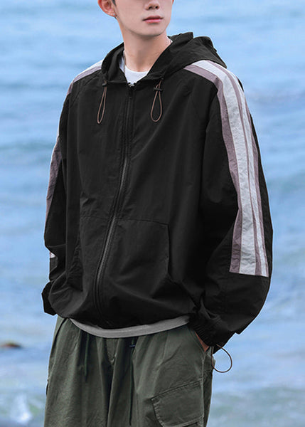 Casual Beige Coat Ice Striped 50+ Patchwork Silk Hooded UPF Mens FashionChic