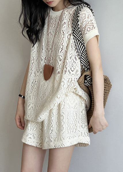 And Hollow Beige Pieces Set O-Neck Casual Two Shorts Top Out FashionChic