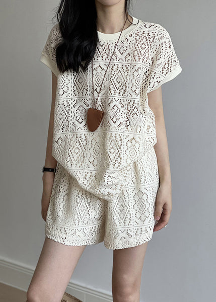 And Hollow Beige Pieces Set O-Neck Casual Two Shorts Top Out FashionChic