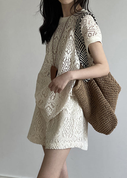 And Hollow Beige Pieces Set O-Neck Casual Two Shorts Top Out FashionChic