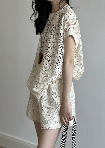 And Hollow Beige Pieces Set O-Neck Casual Two Shorts Top Out FashionChic