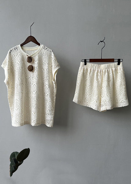 And Hollow Beige Pieces Set O-Neck Casual Two Shorts Top Out FashionChic