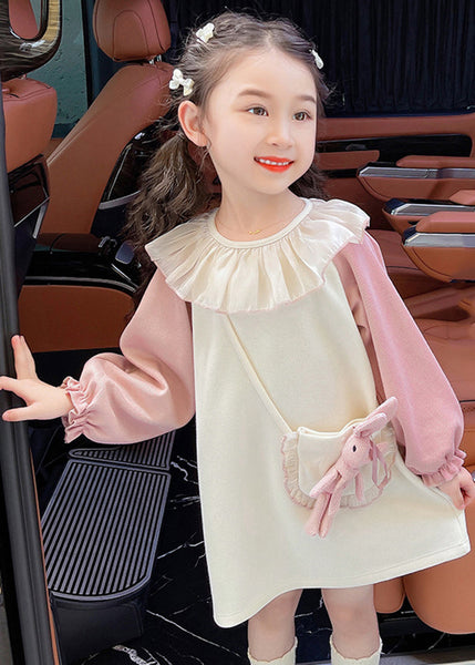 Casual Beige O-Neck Tulle Patchwork Kids Mid Dress Fall SS1059 MM-RCTZ-FDM240601