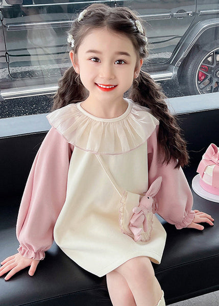 Casual Beige O-Neck Tulle Patchwork Kids Mid Dress Fall SS1059 MM-RCTZ-FDM240601