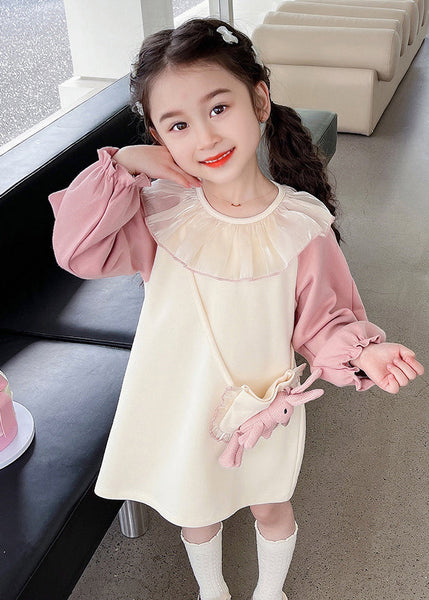 Casual Beige O-Neck Tulle Patchwork Kids Mid Dress Fall SS1059 MM-RCTZ-FDM240601