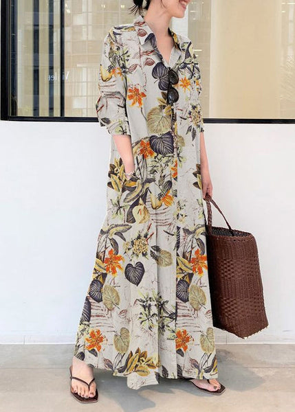 Ankle Cotton Spring Dress Casual Beige Shirt Print Oversized FashionChic