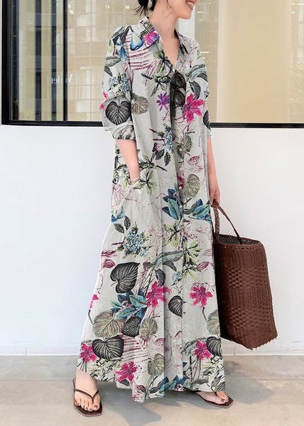 Ankle Cotton Spring Dress Casual Beige Shirt Print Oversized FashionChic