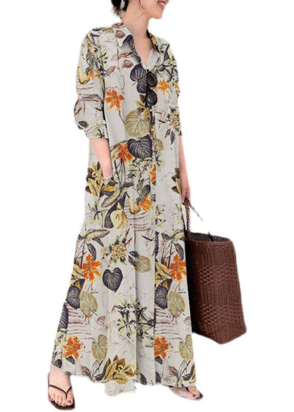 Ankle Cotton Spring Dress Casual Beige Shirt Print Oversized FashionChic