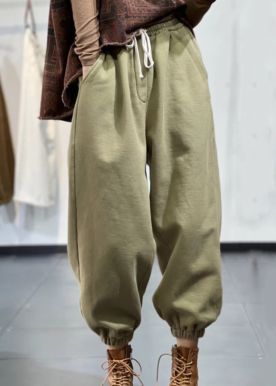 Casual Beige Pockets Elastic Waist Warm Fleece Sport Pants Fall RU014 ABC