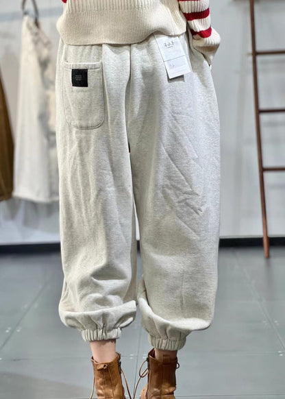 Casual Beige Pockets Elastic Waist Warm Fleece Sport Pants Fall RU014 ABC