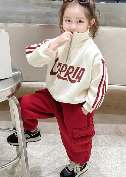 Casual Beige Stand Collar Zippered Warm Fleece Girls Top And Pants Two Piece Set Winter TR028 ABC