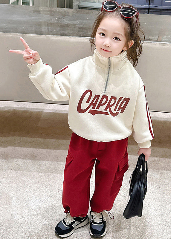 Casual Beige Stand Collar Zippered Warm Fleece Girls Top And Pants Two Piece Set Winter TR028 ABC