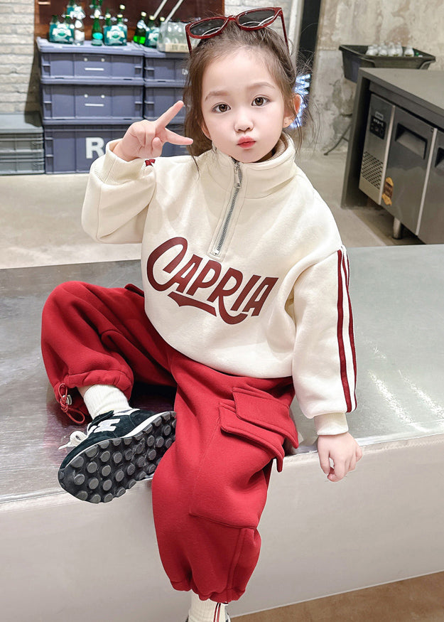 Casual Beige Stand Collar Zippered Warm Fleece Girls Top And Pants Two Piece Set Winter TR028 ABC