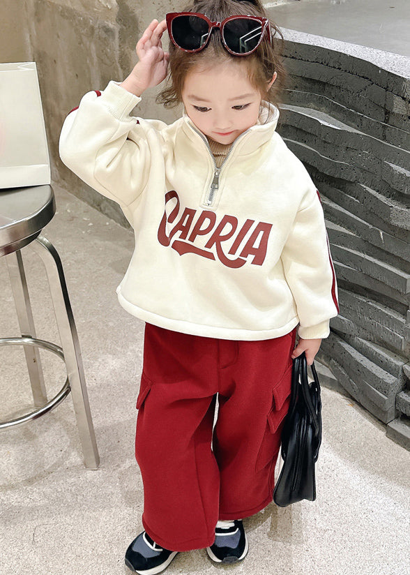 Casual Beige Stand Collar Zippered Warm Fleece Girls Top And Pants Two Piece Set Winter TR028 ABC