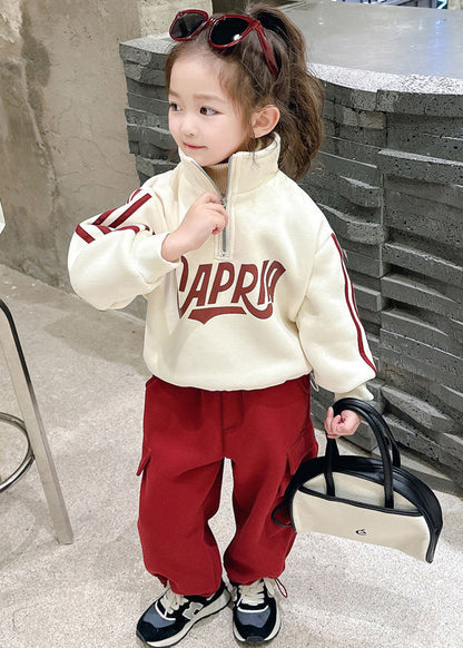 Casual Beige Stand Collar Zippered Warm Fleece Girls Top And Pants Two Piece Set Winter TR028 ABC