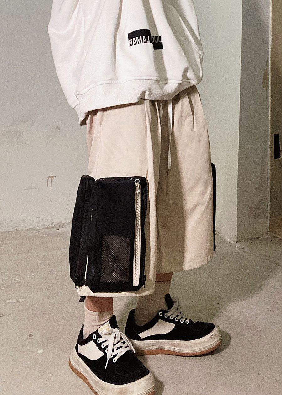 Up Beige Zip Casual Oversized Pockets Summer Shorts Cotton Men FashionChic