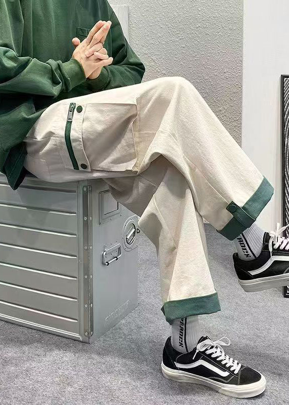 Cotton Pockets Beige Patchwork Zip Up Men Casual Crop Pants FashionChic