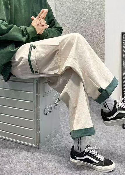 Cotton Pockets Beige Patchwork Zip Up Men Casual Crop Pants FashionChic